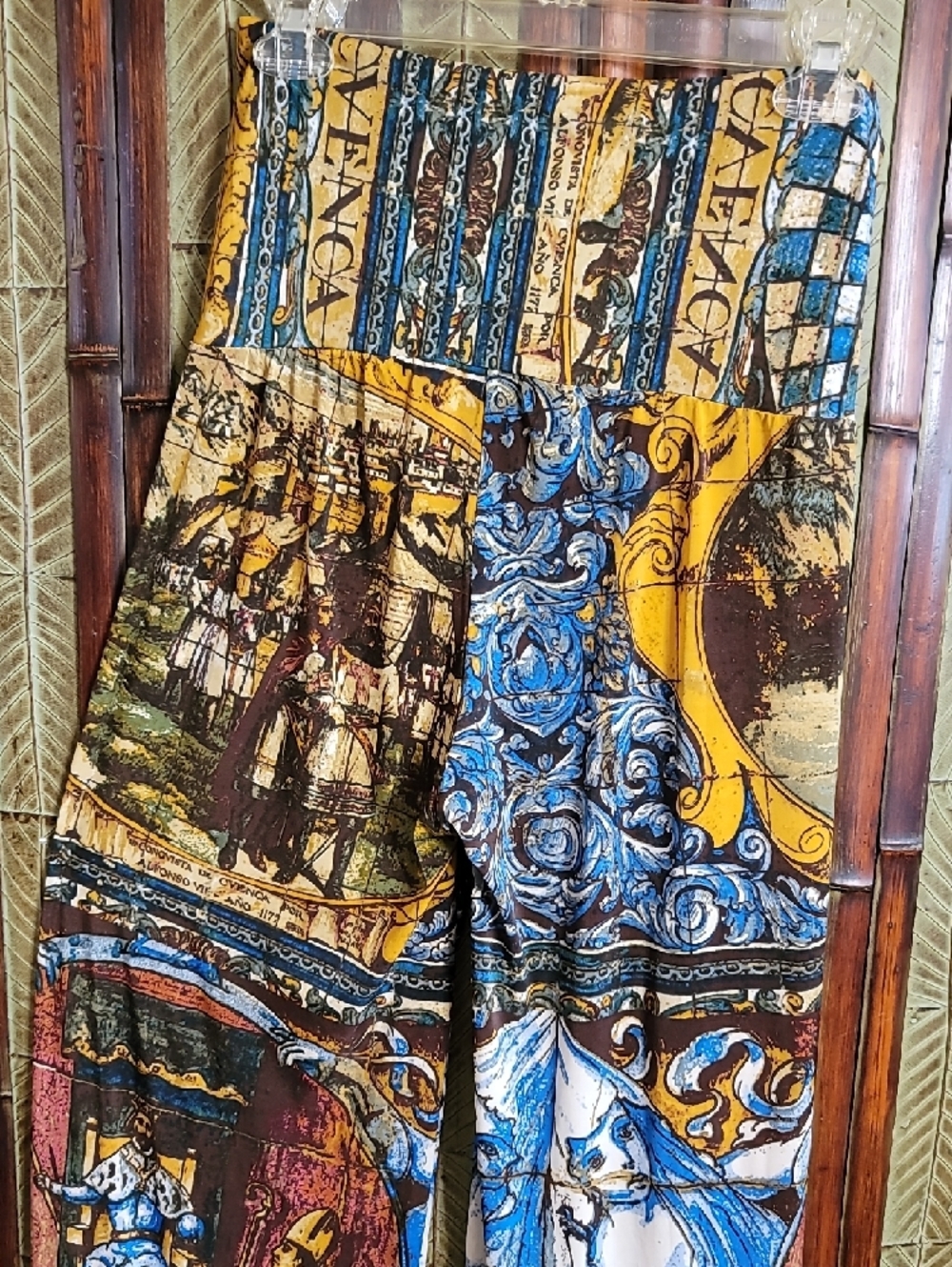 Baroque-Inspired Wide Leg Print Pants in Blue & Gold